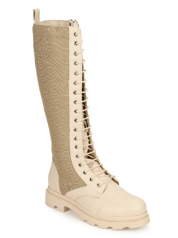 Cream PU Lace Up Snug Fit Long Boots (TC-ST-1206-CRMPU)